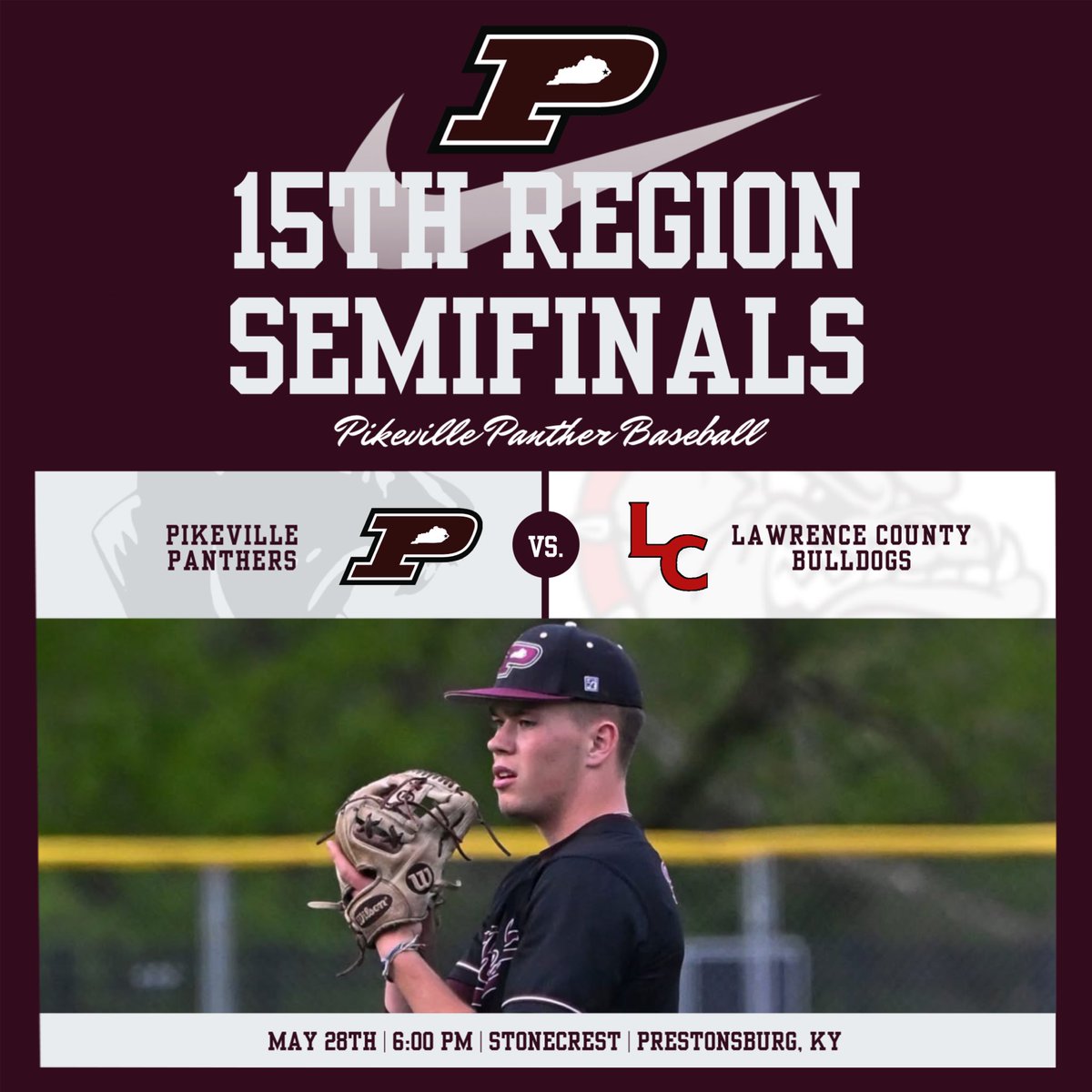 𝓡𝓮𝓰𝓲𝓸𝓷 𝓢𝓮𝓶𝓲𝓼 ⚾️

The Panthers head back to Stonecrest for a rematch of last year’s 15th Region Semifinal matchup. 

🆚 Lawrence County 🐶 
🏟 Stonecrest
📍Prestonsburg, KY
⏰ 6:00 PM
🎟️ $10/$5
📺 Mountain Top
🏆 15th Region Tournament

#HailPikeville 🐾