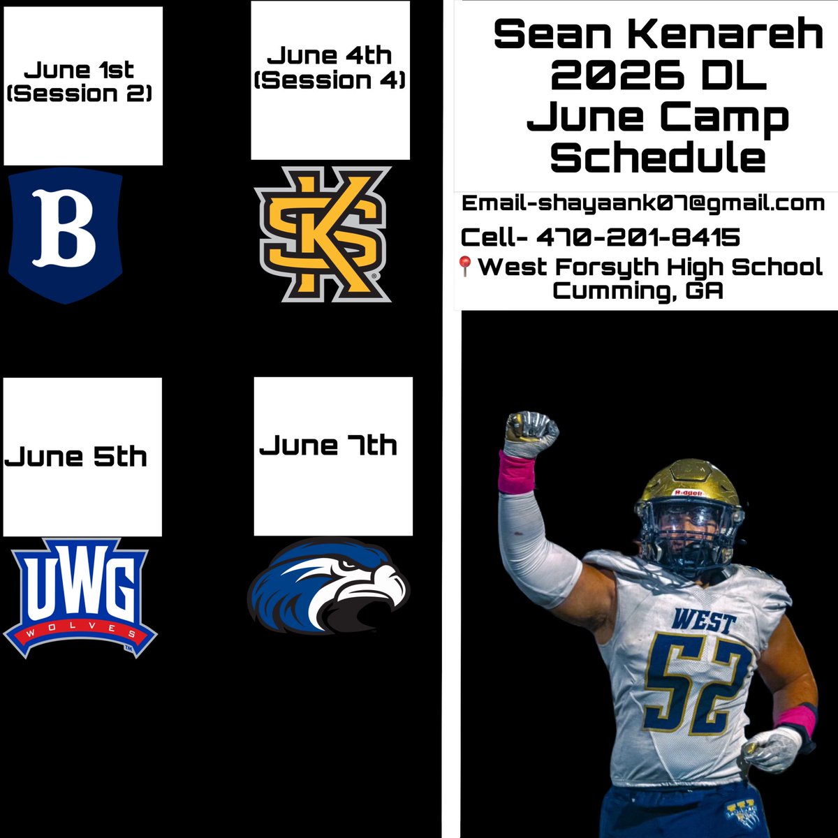 Sean Kenareh - 2026 DL (@seankenareh) on Twitter photo Camp season is finally here!! Here are my June camps!
<a href="/DBarker2442/">Coach Barker</a> <a href="/recruits_west/">West Forsyth Football Recruits</a> <a href="/JuliusTrenches/">Julius Williams</a> <a href="/CoachG_55/">Bernard Granville</a> <a href="/TimGlanton/">Coach Tim Glanton</a> <a href="/coachmorrison58/">Zach Morrison</a> <a href="/eastmang6/">Granville Eastman</a> <a href="/CoachJNich/">Jacob Nichols</a> Camp season is finally here!! Here are my June camps!
<a href="/DBarker2442/">Coach Barker</a> <a href="/recruits_west/">West Forsyth Football Recruits</a> <a href="/JuliusTrenches/">Julius Williams</a> <a href="/CoachG_55/">Bernard Granville</a> <a href="/TimGlanton/">Coach Tim Glanton</a> <a href="/coachmorrison58/">Zach Morrison</a> <a href="/eastmang6/">Granville Eastman</a> <a href="/CoachJNich/">Jacob Nichols</a>