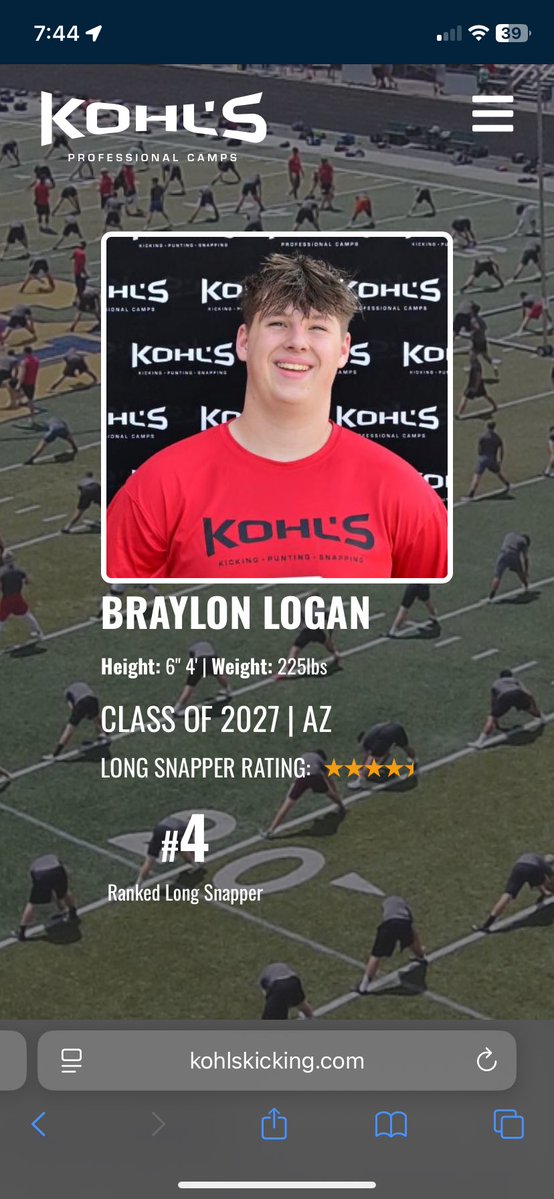 Braylon Logan (@braylon_logan) on Twitter photo I blessed and honored to receive a 4.5 βοΈ rating from <a href="/KohlsSnapping/">Kohl's Snapping Camps</a>. This improves my 2027 ranking to #1 in AZ and #4 in the country πΊπΈ! Thank you #AZEliteSnap <a href="/Coach_Casper/">Coach Casey Casper</a> <a href="/TurnerBernard1/">T</a> <a href="/bkullos/">Coach Ben Kullos</a> <a href="/steverausch17/">Rausch Kicking</a> for all your coaching <a href="/KohlsHighlights/">Kicking, Punting, Long Snapping Highlights</a> <a href="/oc_football/">O'Connor Football</a> I blessed and honored to receive a 4.5 βοΈ rating from <a href="/KohlsSnapping/">Kohl's Snapping Camps</a>. This improves my 2027 ranking to #1 in AZ and #4 in the country πΊπΈ! Thank you #AZEliteSnap <a href="/Coach_Casper/">Coach Casey Casper</a> <a href="/TurnerBernard1/">T</a> <a href="/bkullos/">Coach Ben Kullos</a> <a href="/steverausch17/">Rausch Kicking</a> for all your coaching <a href="/KohlsHighlights/">Kicking, Punting, Long Snapping Highlights</a> <a href="/oc_football/">O'Connor Football</a>