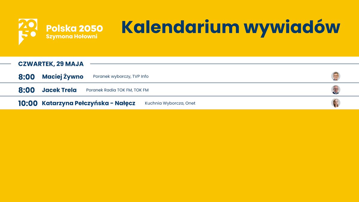 Polska 2050 (@pl_2050) on Twitter photo Jutro w mediach (29.05):
08:00 - <a href="/tvp_info/">tvp.info 🇵🇱</a> - <a href="/ZywnoMaciej/">Maciej Żywno</a>
08:00 - <a href="/Radio_TOK_FM/">Radio TOK FM</a> - <a href="/JacekTrela7/">Jacek Trela</a>
10:00 - <a href="/onetpl/">Onet</a> - <a href="/Kpelczynska/">Katarzyna Pełczyńska</a>
Zachęcamy do oglądania!💛 Jutro w mediach (29.05):
08:00 - <a href="/tvp_info/">tvp.info 🇵🇱</a> - <a href="/ZywnoMaciej/">Maciej Żywno</a>
08:00 - <a href="/Radio_TOK_FM/">Radio TOK FM</a> - <a href="/JacekTrela7/">Jacek Trela</a>
10:00 - <a href="/onetpl/">Onet</a> - <a href="/Kpelczynska/">Katarzyna Pełczyńska</a>
Zachęcamy do oglądania!💛