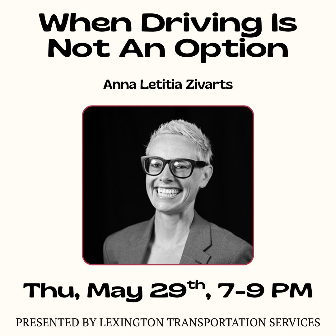 TOMORROW! Join author Anna Zivarts for a talk on steering away from car dependency. Register: lexingtonma.zoom.us/meeting/regist…

"The big theme of book is there are a lot of nondrivers — way more of us than people realize [...] we could create much more inclusive communities."