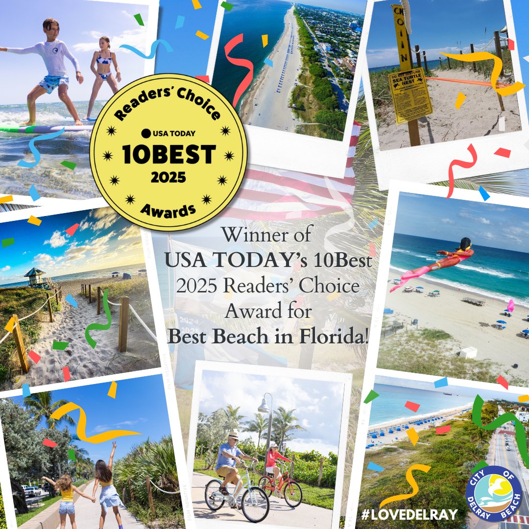 🏖️Congrats, Delray Beach! We are overjoyed to announce that Delray Beach has once again been voted the #1 Best Beach in Florida in the USA TODAY 10Best 2025 Readers' Choice Awards! 🏆 Thank you to everyone who voted, we couldn't have done this without you all.