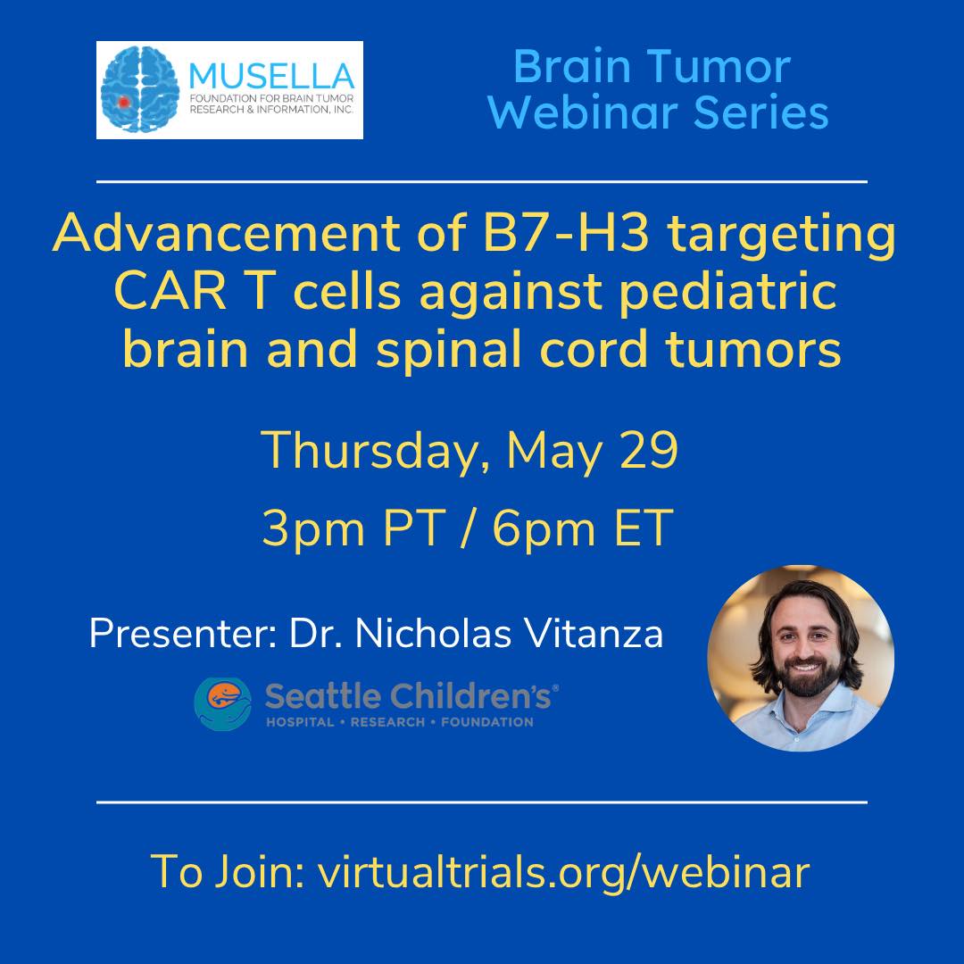Thurs May 29 @ 3 PM PT/6 PM ET: Musella Foundation webinar on B7-H3 CAR T cells for pediatric brain &amp; spinal tumors—and applicable to adults too! Free. Register 👉 virtualtrials.org/webinar
#BrainTumor #CART #Oncology