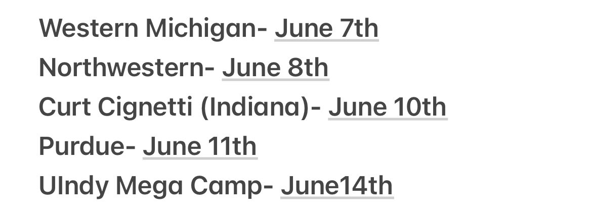 Heres my 2025 Camp Schedule!
Thank you to all the coaches for the invites! <a href="/Bryan_Ault/">Bryan Ault - Midwest Scout</a> <a href="/PrepRedzoneIN/">Prep Redzone Indiana</a>  <a href="/coach_schreib/">Coach Schreiber</a> <a href="/brickiesfb/">Hobart Football🧱</a> <a href="/MidwestBOOM/">BOOM INSIDER💥</a> <a href="/IndianaPreps/">Indiana Preps</a> <a href="/DSabock/">Coach Dan Sabock</a> <a href="/PetersNUFB/">Zach Peters</a> <a href="/t_hask21/">Tyler Haskins</a> <a href="/CoachTyRocconi/">Ty Rocconi</a> <a href="/RidnerBen/">Ben Ridner</a>  <a href="/jcesteswaugh/">Josh Estes-Waugh</a> <a href="/Blake_Littman/">Blake Littman</a>