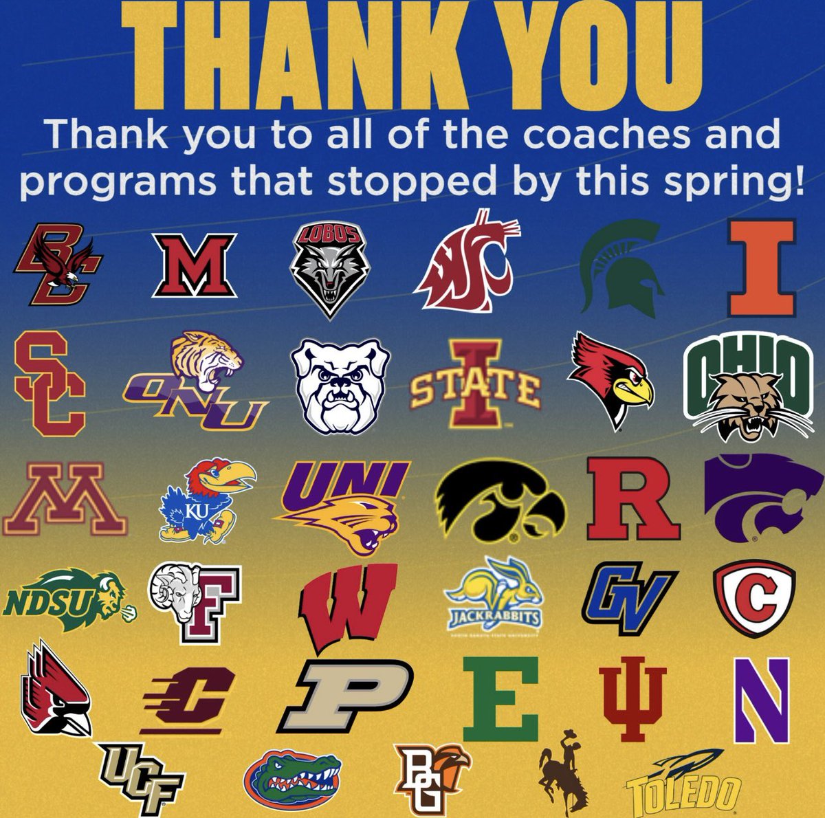 Sandburg Eagles Football (@sandburgeagles) on Twitter photo Thank you to all of the coaches and programs that came to visit Orland Park this spring!
<a href="/SandburgHS/">Carl Sandburg H.S.</a>
<a href="/EaglesAthletics/">Sandburg Athletics</a>
<a href="/csathboosters/">Carl Sandburg Athletic Booster Club</a>
<a href="/Sandburg_fanz/">Sandburg SuperfanZ</a>
<a href="/EDGYTIM/">Timothy “EDGYTIM” OHalloran</a>
<a href="/DeepDishFB/">DEEP DISH FOOTBALL</a>
<a href="/PrepRedzoneIL/">Prep Redzone Illinois</a>
<a href="/AllenTrieu/">Allen Trieu</a>
<a href="/IamClint_C/">Clint Cosgrove</a>
#FlyWithUs 🟡🔵🦅🏈 Thank you to all of the coaches and programs that came to visit Orland Park this spring!
<a href="/SandburgHS/">Carl Sandburg H.S.</a>
<a href="/EaglesAthletics/">Sandburg Athletics</a>
<a href="/csathboosters/">Carl Sandburg Athletic Booster Club</a>
<a href="/Sandburg_fanz/">Sandburg SuperfanZ</a>
<a href="/EDGYTIM/">Timothy “EDGYTIM” OHalloran</a>
<a href="/DeepDishFB/">DEEP DISH FOOTBALL</a>
<a href="/PrepRedzoneIL/">Prep Redzone Illinois</a>
<a href="/AllenTrieu/">Allen Trieu</a>
<a href="/IamClint_C/">Clint Cosgrove</a>
#FlyWithUs 🟡🔵🦅🏈