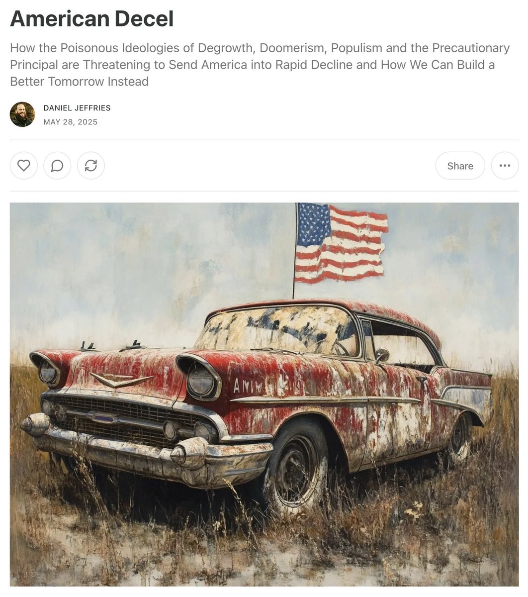In my latest article I talk about why degrowth, doomerism, populism, the precautionary principal and other poisonous ideologies are creating a self-fulfilling promise of a terrible tomorrow and how we can fight back and build a better tomorrow instead.

danieljeffries.substack.com/p/american-dec…