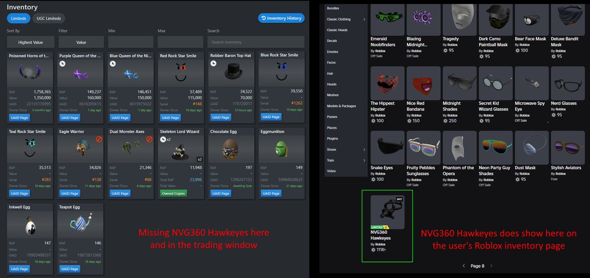 Ab Rolimons There is currently a Roblox issue which causes some recently traded ...