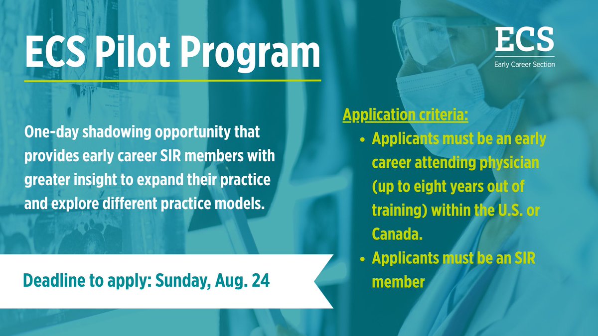 SIR ECS (@sir_ecs) on Twitter photo Are you an early career physician looking to expand your practice or explore a different practice model? Apply today for the ECS Visiting Pilot Program!
<a href="/SIRspecialists/">Society of Interventional Radiology</a> #IRad #VIRad
sirweb.org/about-sir/awar… Are you an early career physician looking to expand your practice or explore a different practice model? Apply today for the ECS Visiting Pilot Program!
<a href="/SIRspecialists/">Society of Interventional Radiology</a> #IRad #VIRad
sirweb.org/about-sir/awar…