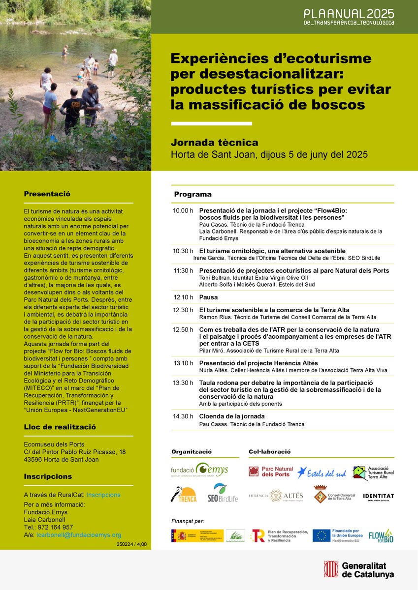Fundació Emys (@fundacioemys) on Twitter photo 🌿Jornada d’ecoturisme a Horta de Sant Joan! 🌿
📍Ecomuseu dels Ports
📅5 de juny 2025
⏰10 h a 14:30 h
✅ Inscripcions: shorturl.at/dMqGL
Amb el finançament de la <a href="/FBiodiversidad/">Fundación Biodiversidad</a> dins els programes #ProyectosPRTR #PlanDeRecuperación #NextGenerationEU #Flow4Bio 🌿Jornada d’ecoturisme a Horta de Sant Joan! 🌿
📍Ecomuseu dels Ports
📅5 de juny 2025
⏰10 h a 14:30 h
✅ Inscripcions: shorturl.at/dMqGL
Amb el finançament de la <a href="/FBiodiversidad/">Fundación Biodiversidad</a> dins els programes #ProyectosPRTR #PlanDeRecuperación #NextGenerationEU #Flow4Bio