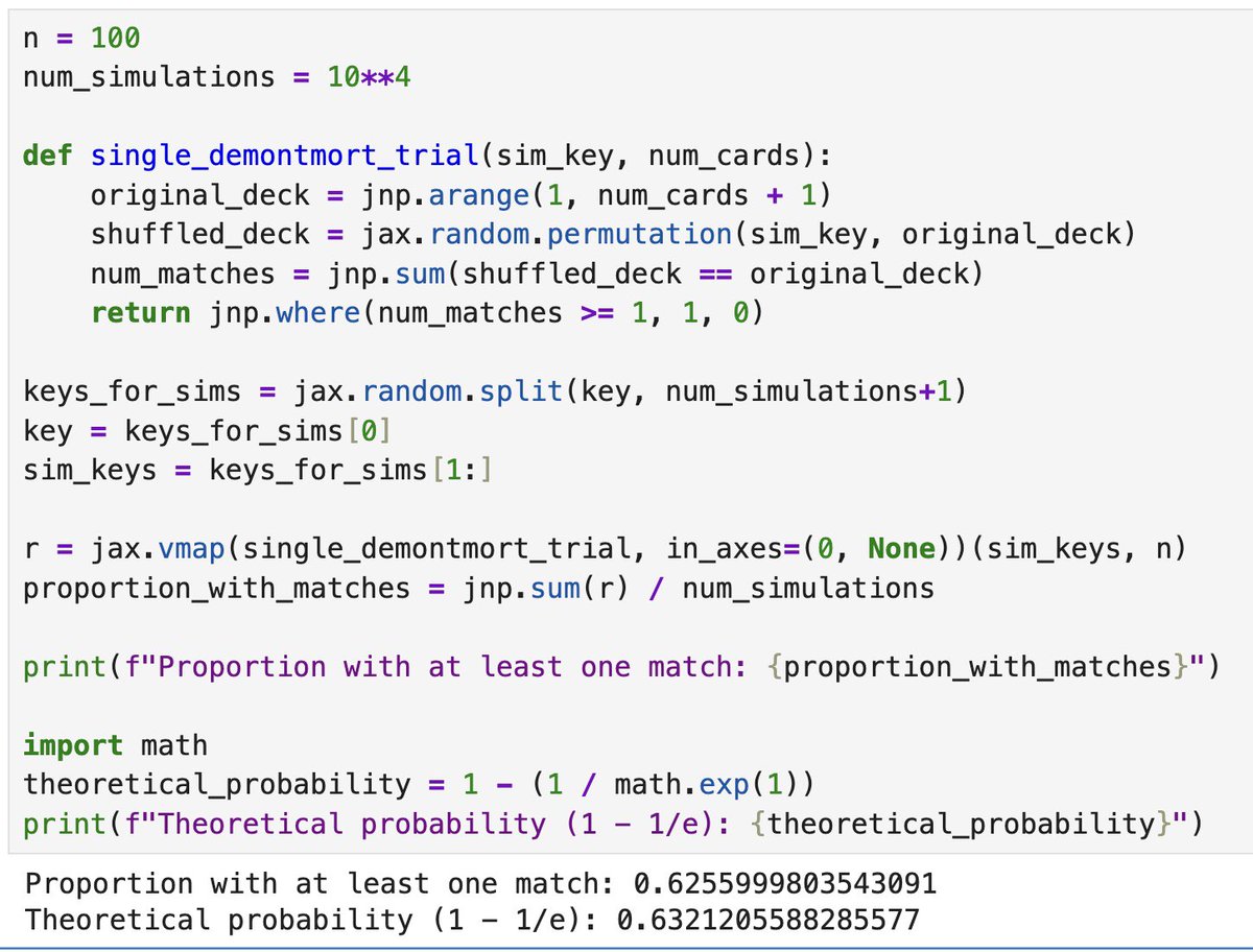 Jyotinder_Singh's tweet image. Been spending some time solving Blitzstein's Intro to Probability and my favourite part has to be the R simulations at the end of each chapter!
I wish this is how we were taught this subject in our curriculum, would make it so much more practical and fun.
Substituted R for JAX…