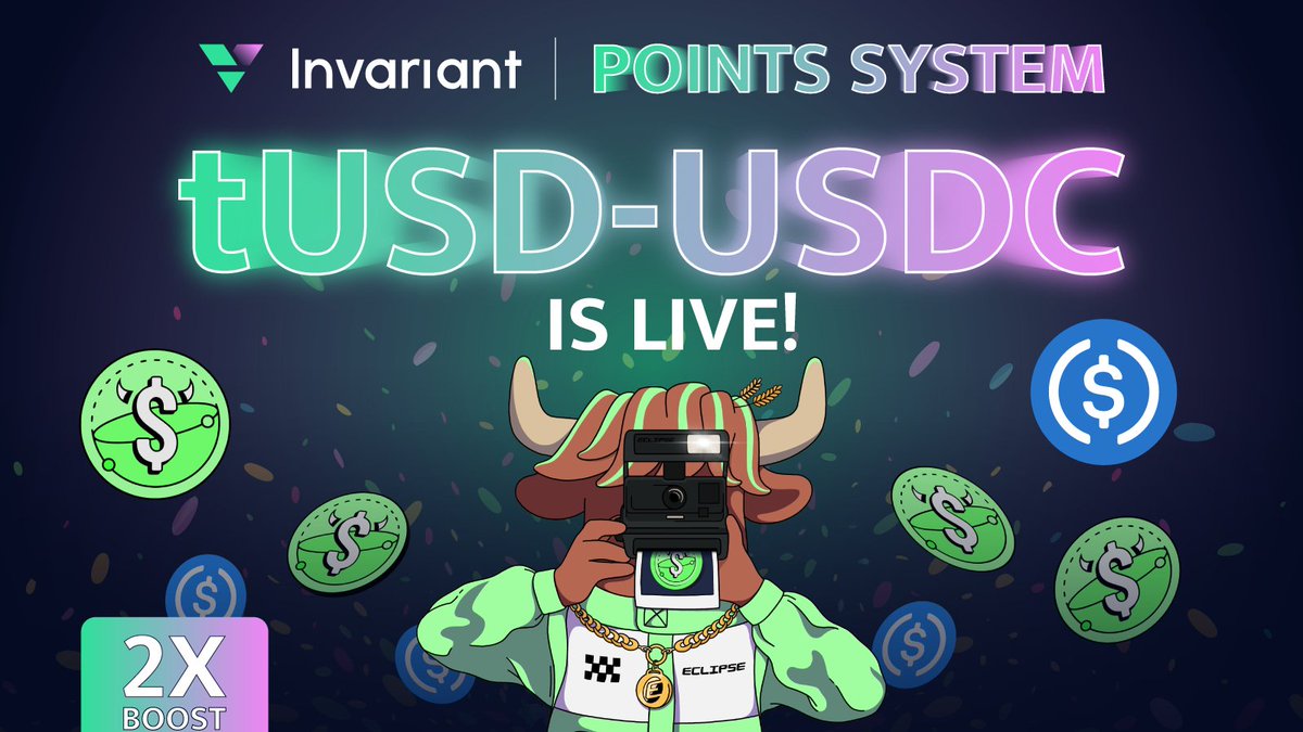 invariant_labs's tweet photo. 🚨 tUSD - USDC IS LIVE 🚨
The official Eclipse stablecoin has landed!
You’ll get a 2x Points Boost for providing liquidity, plus extra points every time you swap tUSD 🔁
Add liquidity here:
https://t.co/i7Ipe0WTYL
Stablecoin pools are perfect for anyone looking to deposit liquidity without worrying about it.
With both tokens closely correlated, you can take full advantage of narrow concentration ranges.
Nervous about impermanent loss? Not here. Stablecoins stay steady and IL is close to zero. ✅
Eclipse is really about to crush it all. 🔥