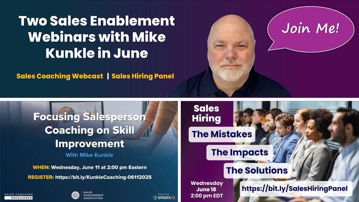 Mike Kunkle (@mike_kunkle) on Twitter photo Join me for 2 #SalesEnablement #Webinars in June!
๐๐จ๐ก๐ ๐ญ๐ญ: Focusing Salesperson Coaching on Skill Improvement
๐นREGISTER: bit.ly/KunkleCoachingโฆ
๐๐จ๐ก๐ ๐ญ๐ด: Sales Hiring Panel - What's Not Working & How to Fix It
๐นREGISTER: bit.ly/SalesHiringPanโฆ
_____________ Join me for 2 #SalesEnablement #Webinars in June!
๐๐จ๐ก๐ ๐ญ๐ญ: Focusing Salesperson Coaching on Skill Improvement
๐นREGISTER: bit.ly/KunkleCoachingโฆ
๐๐จ๐ก๐ ๐ญ๐ด: Sales Hiring Panel - What's Not Working & How to Fix It
๐นREGISTER: bit.ly/SalesHiringPanโฆ
_____________