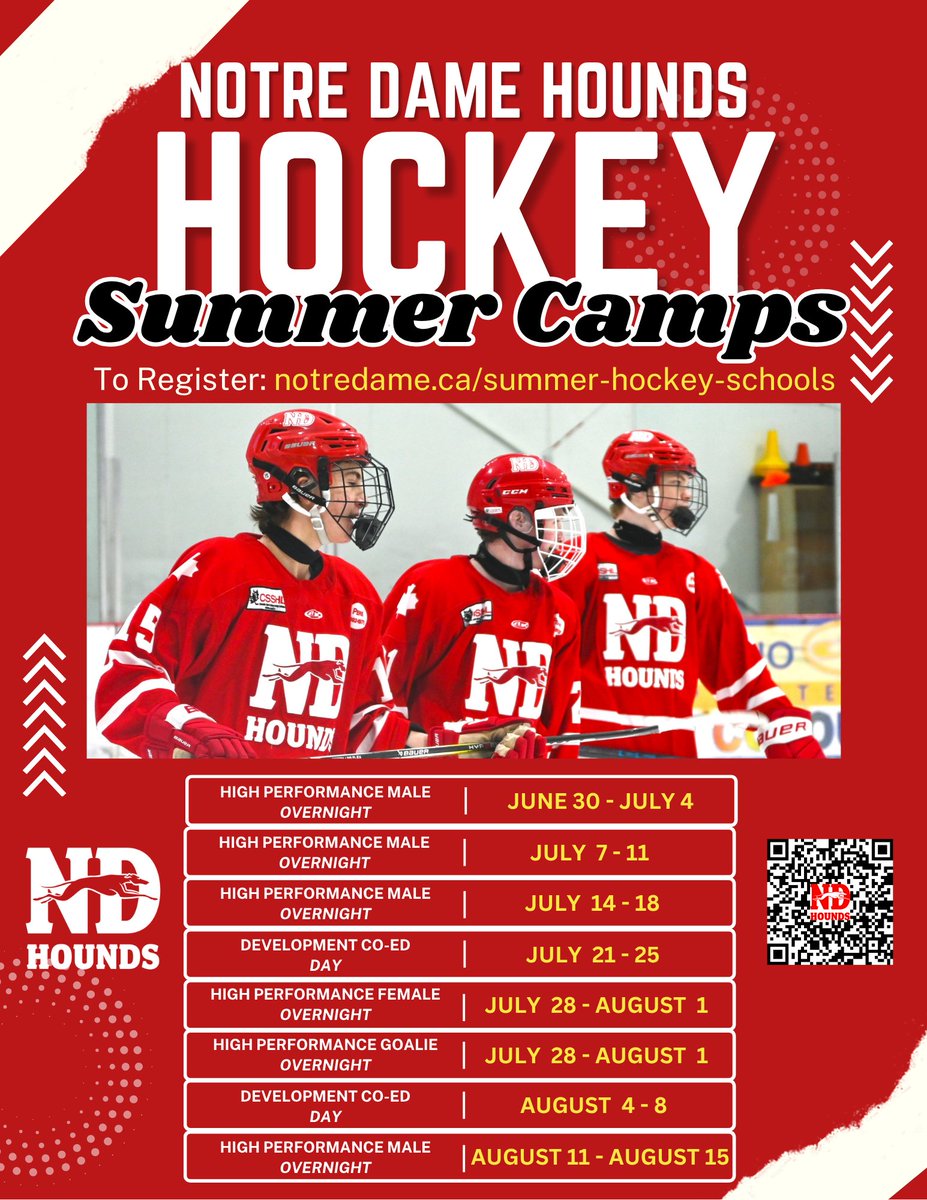 Notre Dame Summer Hockey Camps are filling up. There are many options to choose from. See what it would be like to live on campus  and meet new friends from across the world. 

Select your camp now and register:   notredame.ca/hockey/summer-… 

#notredamehoundshockey