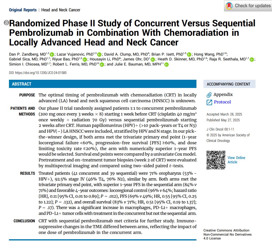 C. Jillian Tsai, MD, PhD (@cjtsaimdphd) on Twitter photo Remarkable efforts to obtain on-treatment tissue to study TME. CRT with sequential pembro *might* be more favorable than concurrent pembro.
ascopubs.org/doi/pdf/10.120…
<a href="/KaramLab/">Sana Karam, MD, PhD</a> <a href="/xrtGenomics/">Nadeem Riaz</a> <a href="/DavidSherMD/">David Sher</a> <a href="/aadel_chaudhuri/">Aadel Chaudhuri, MD PhD</a> <a href="/ScottBratman/">Scott Bratman</a> Remarkable efforts to obtain on-treatment tissue to study TME. CRT with sequential pembro *might* be more favorable than concurrent pembro.
ascopubs.org/doi/pdf/10.120…
<a href="/KaramLab/">Sana Karam, MD, PhD</a> <a href="/xrtGenomics/">Nadeem Riaz</a> <a href="/DavidSherMD/">David Sher</a> <a href="/aadel_chaudhuri/">Aadel Chaudhuri, MD PhD</a> <a href="/ScottBratman/">Scott Bratman</a>