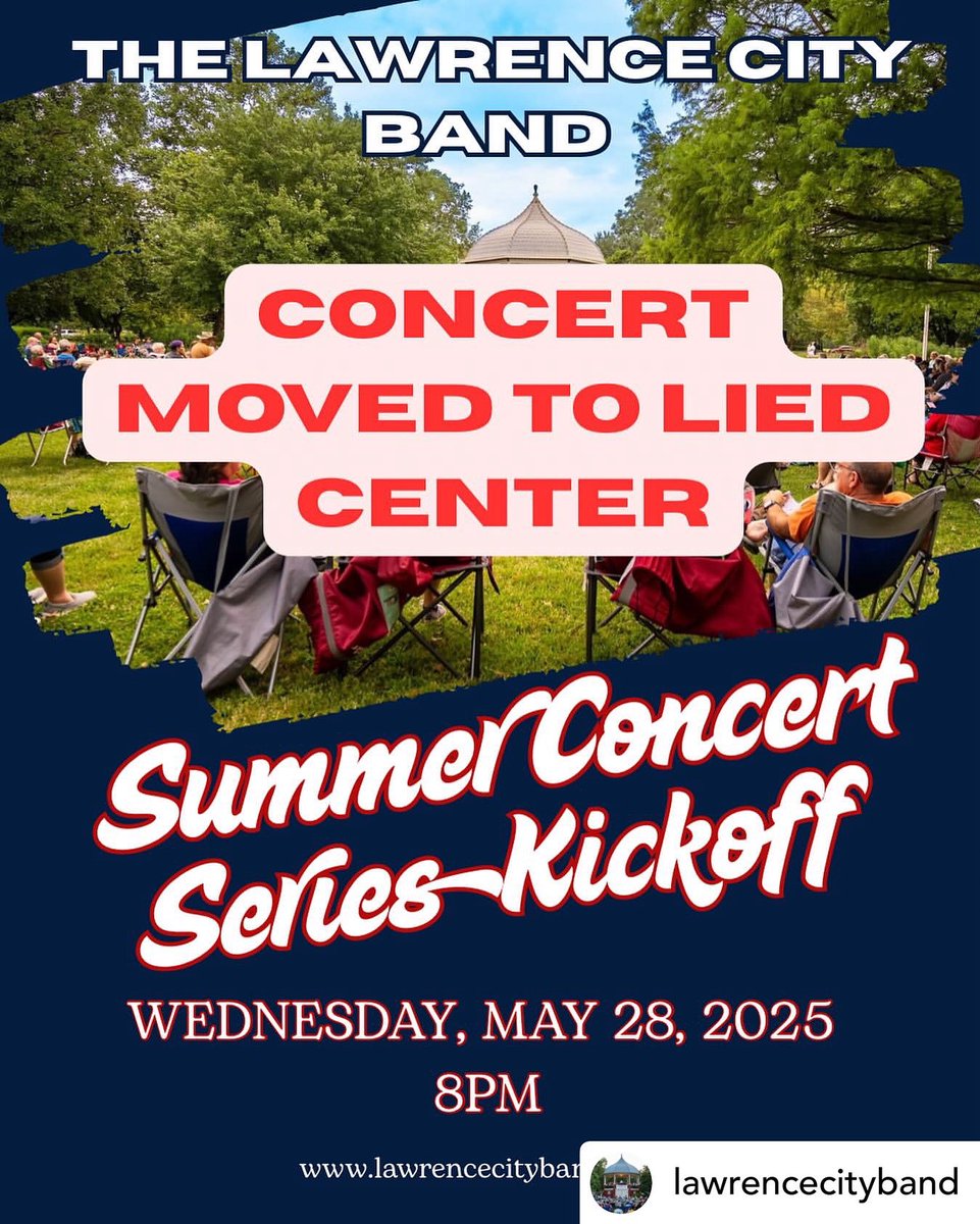 The Lawrence City Band concert tonight, May 28, will be indoors here at the Lied Center of Kansas due to potential rain. We’ll see you for the show at 8pm. Free and open to the public!