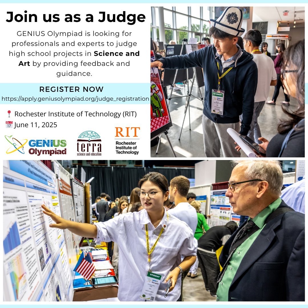 Calling all professionals in Science and Art!
Join us as a Judge at the GENIUS Olympiad 2025.
📍 Rochester Institute of Technology (RIT)
📅 June 11. 
Morning sessions: 9:15 a.m. – 11:30 a.m. Afternoon sessions: 1:00 p.m. – 3:30 p.m.
🔗 Register now: apply.geniusolympiad.org/judge_registra…