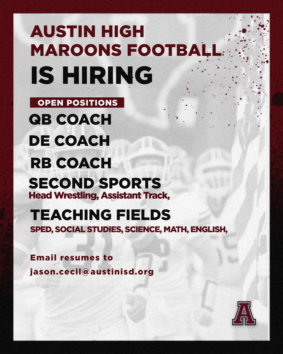 Jason Cecil (@jasonkcecil) on Twitter photo Austin High is looking for great coaches and leaders to complete our staff. <a href="/Matt_Stepp817/">Matt Stepp</a> Austin High is looking for great coaches and leaders to complete our staff. <a href="/Matt_Stepp817/">Matt Stepp</a>