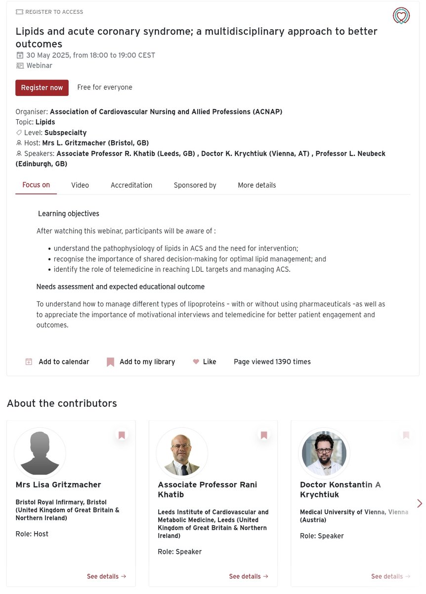 Dr Rani Khatib FESC (@drranikhatib) on Twitter photo Join our <a href="/escardio/">European Society of Cardiology</a> <a href="/ACNAPPresident/">ACNAPPresident</a> webinar
Lipids and acute coronary syndrome; a multidisciplinary approach to better outcomes.
Friday 30 May 2025
At 5pm UK time
Details and Registeration 👇
esc365.escardio.org/event/1992
<a href="/lisneubeck/">Prof Lis Neubeck</a> <a href="/krychtiukmd/">Konstantin Krychtiuk</a> Join our <a href="/escardio/">European Society of Cardiology</a> <a href="/ACNAPPresident/">ACNAPPresident</a> webinar
Lipids and acute coronary syndrome; a multidisciplinary approach to better outcomes.
Friday 30 May 2025
At 5pm UK time
Details and Registeration 👇
esc365.escardio.org/event/1992
<a href="/lisneubeck/">Prof Lis Neubeck</a> <a href="/krychtiukmd/">Konstantin Krychtiuk</a>