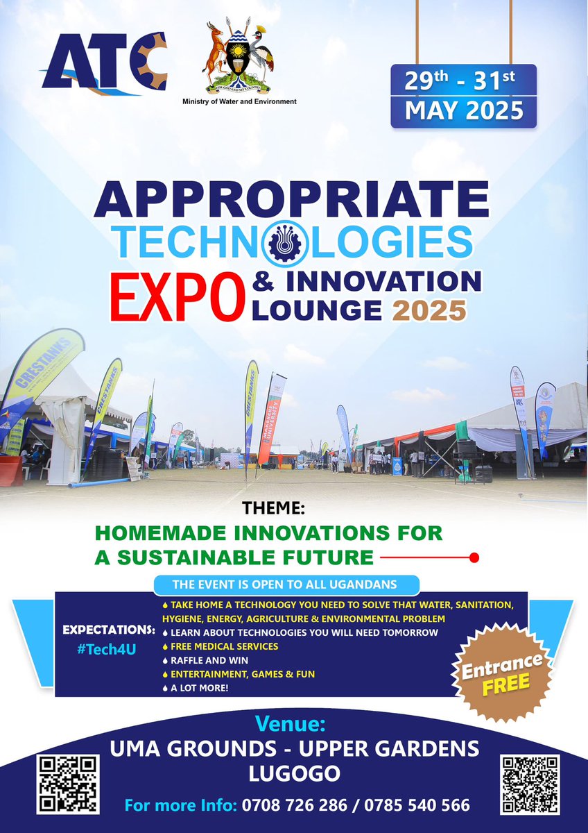 🌍 TOMORROW!
Join us at the Appropriate Technologies Expo &amp; Innovation Lounge 2025
📅 May 29–31
📍 UMA Grounds, Upper Gardens, Lugogo
🎯 Theme: Homemade Innovations for a Sustainable Future
💡 Tech demos | 🎉 Fun | 🩺 Free medical services | 🎁 Raffles
🎟️ Entrance is FREE!