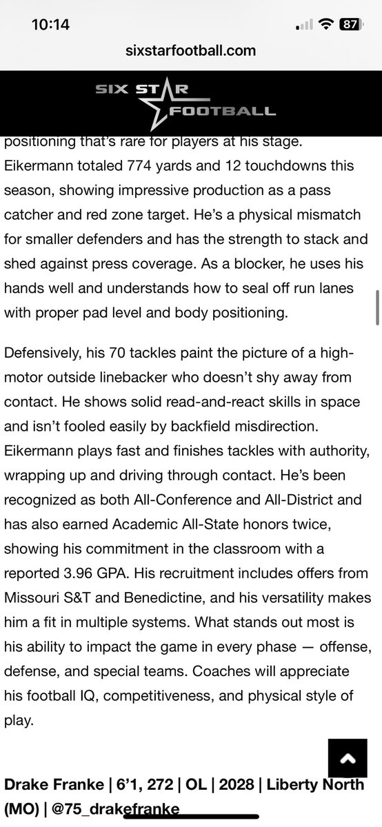 Aiden Eikermann (@aideneikermann) on Twitter photo Thank you <a href="/sixstarfootball/">Six Star Football | PLUS+</a> for the write up awhile back. Upset I was sick this past weekend and missed the FINALS showcase. <a href="/6starfootballMO/">Six Star Football | MISSOURI</a> <a href="/MidMOHSFB/">Mid-Mo HS Football</a> <a href="/mwfbrecruiting/">Midwest Football Recruiting</a> <a href="/MissouriSportsT/">Missouri Sports Talk</a> Thank you <a href="/sixstarfootball/">Six Star Football | PLUS+</a> for the write up awhile back. Upset I was sick this past weekend and missed the FINALS showcase. <a href="/6starfootballMO/">Six Star Football | MISSOURI</a> <a href="/MidMOHSFB/">Mid-Mo HS Football</a> <a href="/mwfbrecruiting/">Midwest Football Recruiting</a> <a href="/MissouriSportsT/">Missouri Sports Talk</a>