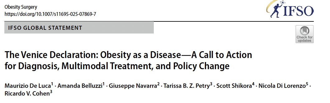 #VeniceDeclaration: Obesity is a chronic, complex disease—not a lifestyle choice. It requires diagnosis beyond BMI, multimodal treatment (lifestyle, meds, endoscopy, surgery), and an end to stigma &amp; therapeutic inertia. Time for action. <a href="/IfsoSecretariat/">IFSO</a>