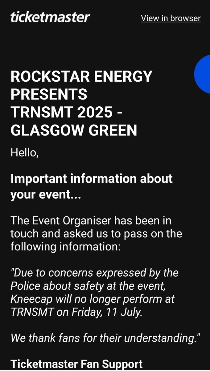 John Tierney (@tierney_tyre) on Twitter photo In light of this email could anyone from <a href="/TicketmasterUK/">ticketmasteruk</a> <a href="/TRNSMTfest/">TRNSMT Festival</a> advise on how to claim a refund?
The only reason I was taking my teenage daughter was to see <a href="/KNEECAPCEOL/">KNEECAP</a>
Also any refund will be donated to a local charity so that at least young people will gain from this In light of this email could anyone from <a href="/TicketmasterUK/">ticketmasteruk</a> <a href="/TRNSMTfest/">TRNSMT Festival</a> advise on how to claim a refund?
The only reason I was taking my teenage daughter was to see <a href="/KNEECAPCEOL/">KNEECAP</a>
Also any refund will be donated to a local charity so that at least young people will gain from this