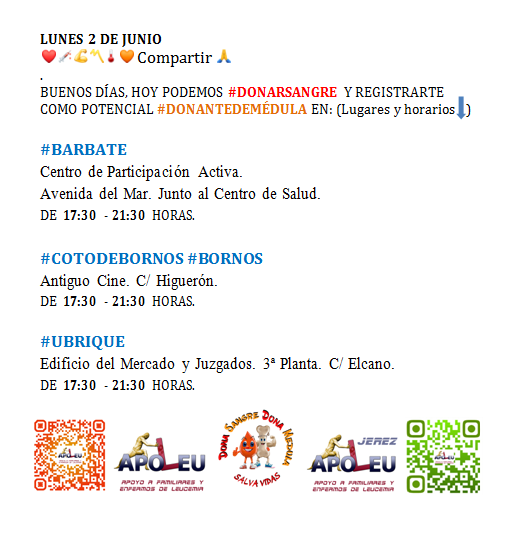 ApoLeuJerez's tweet photo. LUNES 2 DE JUNIO PUEDE #DONARSANGRE Y REGISTRARSE COMO #DONANTEDEMÉDULA
@ApoLeu EN ❤️💉💪〽️🌡🧡 RT🙏

#BORNOS #COTODEBORNOS
@AytoBornos @guadabornos @reylabert @CrisPasReal @IUBornos @carolina_gemela @noemi_palomares @Cristinagemely

#DONASANGRE #DONAMÉDULA #SALVAVIDAS https://t.co/koxrWpww2h
