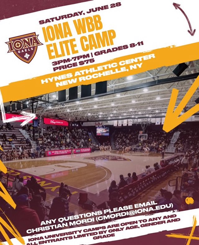 Iona Women's Hoops (@ionawbb) on Twitter photo π₯ ELITE CAMP ANNOUNCEMENT π₯
Join us for our Elite Camp on Saturday, June 28 at the Hynes Athletic Center!
β° 3:00 PM β 7:00 PM
π Open to Grades 8β11
π° $75 per player
This is your chance to compete, grow, and be seen πͺ
Email Coach Christian Mordi to register: cmordi@iona.edu π₯ ELITE CAMP ANNOUNCEMENT π₯
Join us for our Elite Camp on Saturday, June 28 at the Hynes Athletic Center!
β° 3:00 PM β 7:00 PM
π Open to Grades 8β11
π° $75 per player
This is your chance to compete, grow, and be seen πͺ
Email Coach Christian Mordi to register: cmordi@iona.edu