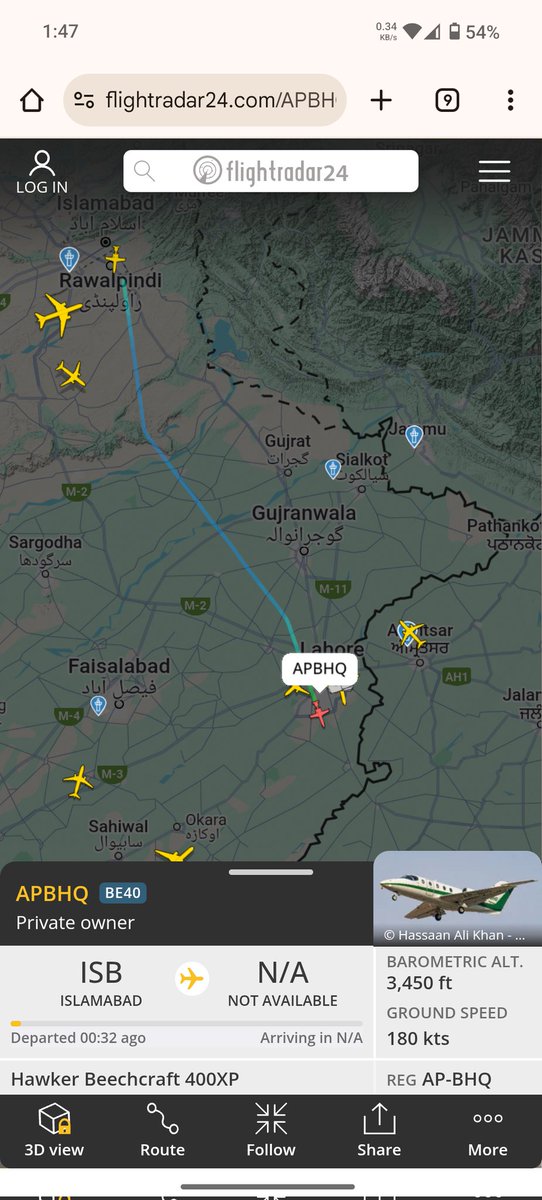 harinder922's tweet photo. Private jet from Islamabad to near International Border in the night at 1:00AM

#IndiaPakistanWar https://t.co/HPIF0JPd4l