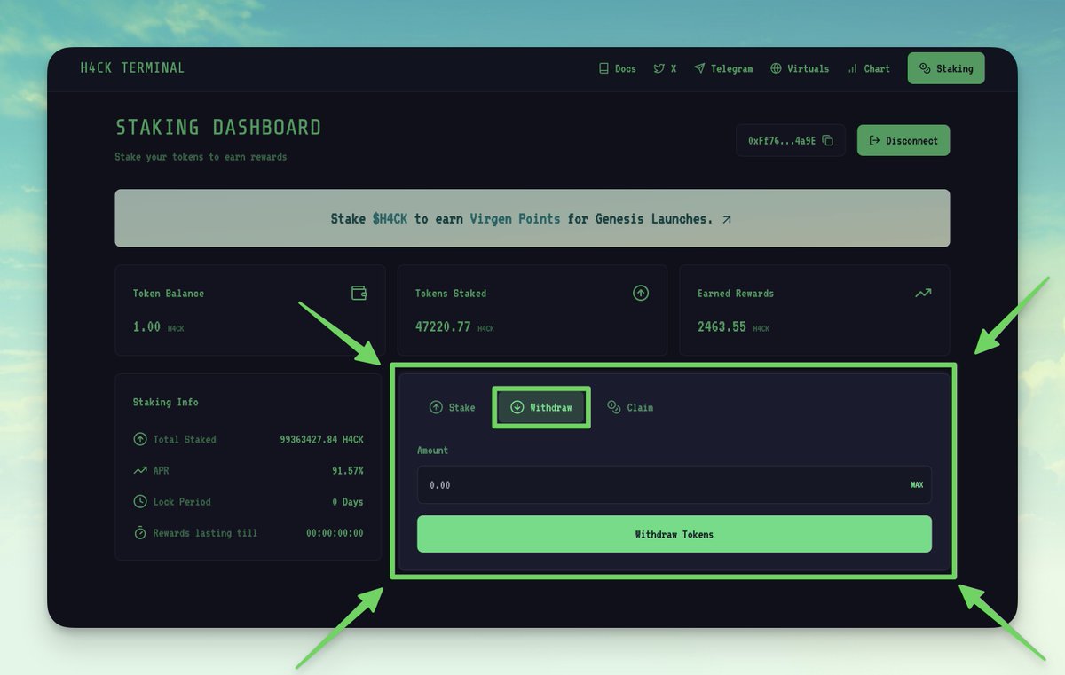 Chaotix_XBT's tweet image. $H4CK STAKING MIGRATION

In order to continue earning @virtuals_io Virgen Points for your $H4CK tokens, you must:

1 - withdraw from h4ckterminal.com/#/staking
2 - stake directly on app.virtuals.io/virtuals/14604