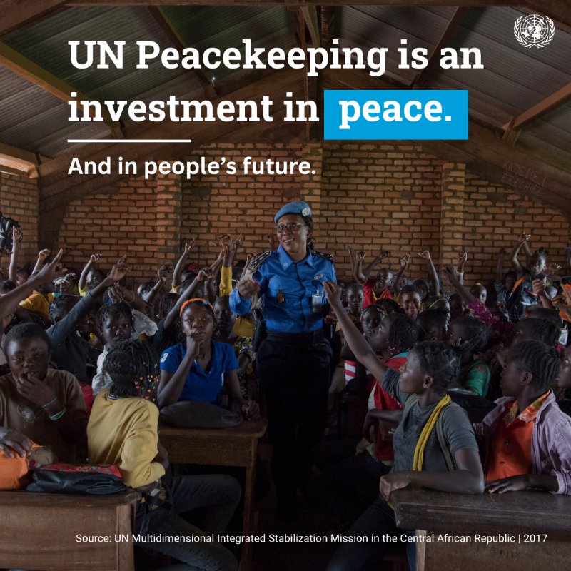 UN's tweet photo. .@UNPeacekeeping is a cost-effective investment in peace.

Every day, UN peacekeepers work to:
🇺🇳 Protect civilians
🇺🇳 Support peace efforts
🇺🇳 Uphold human rights — and much more

Scroll through to discover their vital work on Thursday’s Int'l Day of UN Peacekeepers.

#PKDay