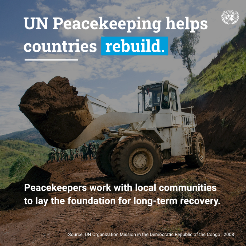 UN's tweet photo. .@UNPeacekeeping is a cost-effective investment in peace.

Every day, UN peacekeepers work to:
🇺🇳 Protect civilians
🇺🇳 Support peace efforts
🇺🇳 Uphold human rights — and much more

Scroll through to discover their vital work on Thursday’s Int'l Day of UN Peacekeepers.

#PKDay