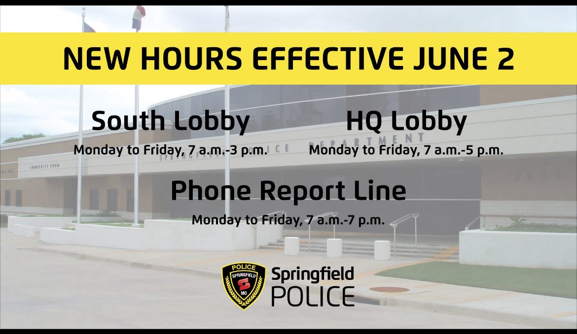 Chief Paul Williams (@chief_spd) on Twitter photo Due to a long awaited increase in civilian staffing, we are now able to offer additional access to the public by reopening the <a href="/SGFPolice/">Springfield PD</a> SDS lobby. Due to a long awaited increase in civilian staffing, we are now able to offer additional access to the public by reopening the <a href="/SGFPolice/">Springfield PD</a> SDS lobby.