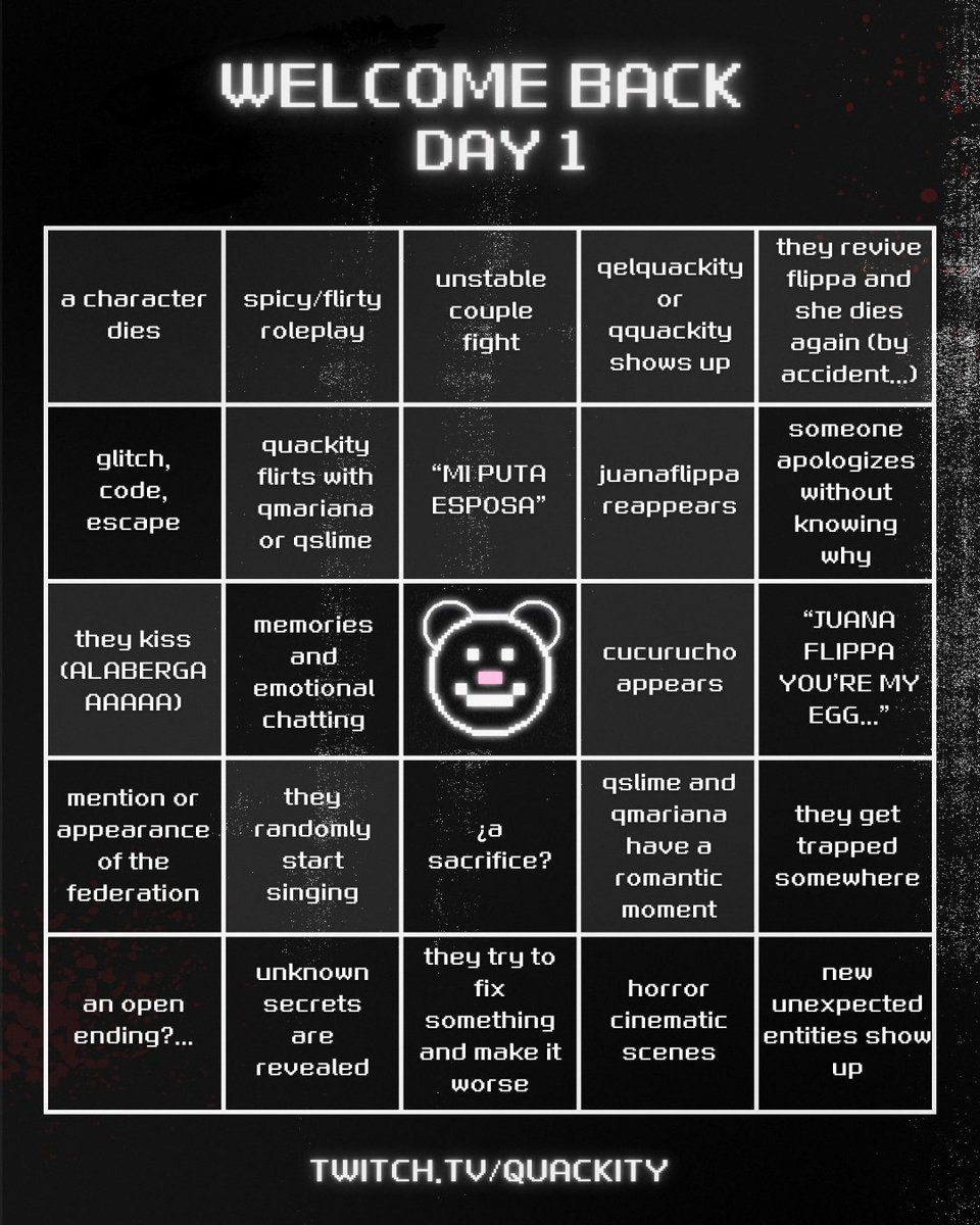 cuastri's tweet photo. aquí esta el primer bingo de predicciones en español y ingles con ideas de patitos de la comunidad.

¿se cumplirán?
💬 comentemos los siguientes tags para apoyar el proyecto y movernos por tendencias:

WELCOME BACK QSMP
#QUACKITY #4DAYS

🔗  https://t.co/IXZpxhaEKl https://t.co/0BM4I5FtwE