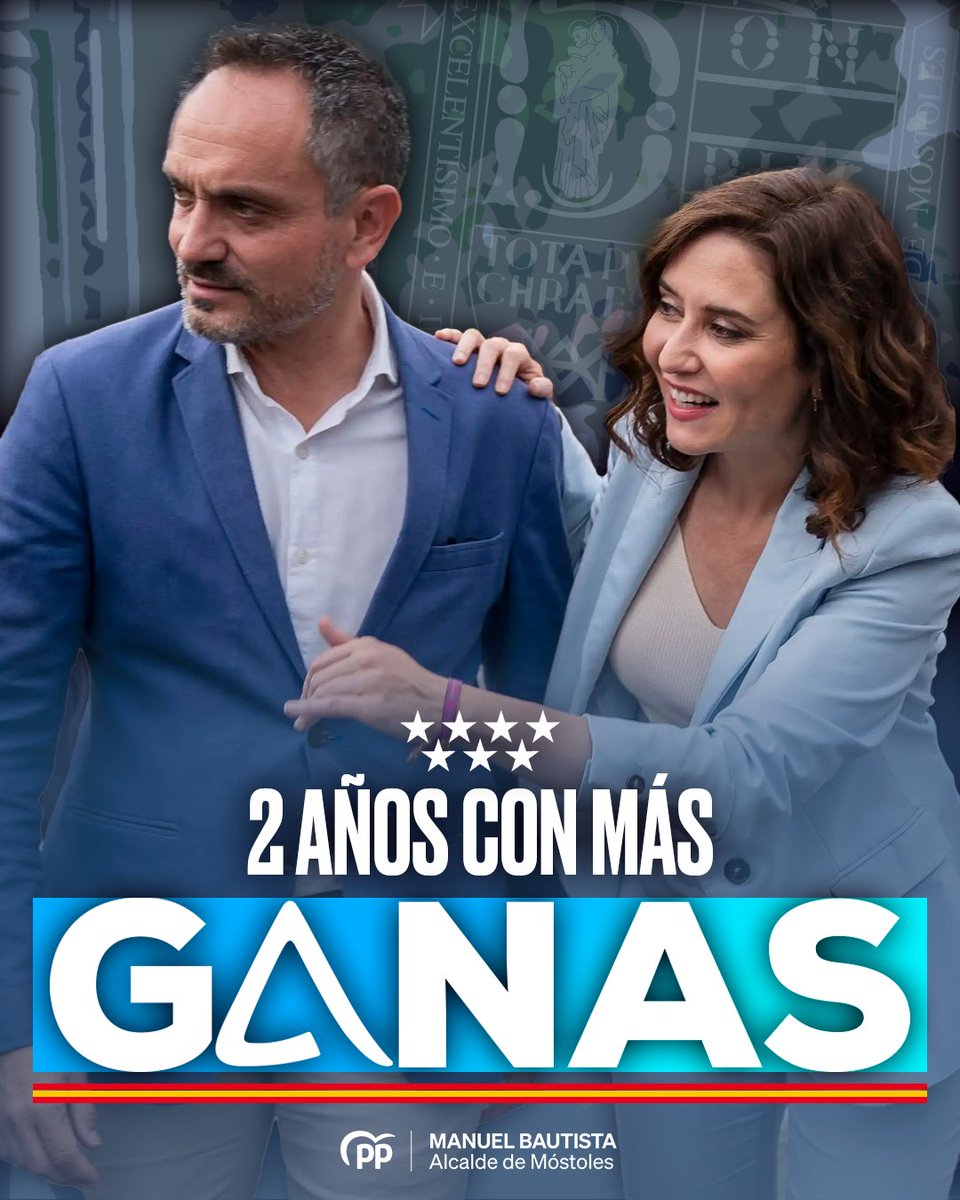 Manuel Bautista (@mbautista_pp) on Twitter photo 🔵 Hoy se cumplen 2 años desde que los mostoleños me dieron su confianza para ser alcalde y respaldaron con mayoría absoluta a la presidenta <a href="/IdiazAyuso/">Isabel Díaz Ayuso</a>.
Seguimos trabajando con más ganas que nunca por el futuro de Móstoles.
#2AñosConMásGANAS 🔵 Hoy se cumplen 2 años desde que los mostoleños me dieron su confianza para ser alcalde y respaldaron con mayoría absoluta a la presidenta <a href="/IdiazAyuso/">Isabel Díaz Ayuso</a>.
Seguimos trabajando con más ganas que nunca por el futuro de Móstoles.
#2AñosConMásGANAS