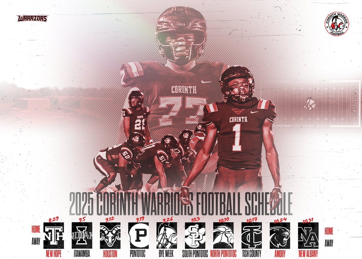 Corinth Warriors Football (@corinthfootball) on Twitter photo 2025 Corinth Warrior Football Schedule!
<a href="/bshields0244/">Brandon Shields</a> <a href="/FlyHighTank/">RT</a> <a href="/NPCoachJeff/">Jeff@nationalpreps.com</a> <a href="/bradlocke/">ฬถAฬถgฬถeฬถnฬถtฬถ ฬถoฬถfฬถ ฬถCฬถhฬถaฬถoฬถsฬถ</a> <a href="/MelissaMeador14/">Melissa Meador</a> <a href="/Rebels247/">David Johnson</a> <a href="/wesyerty24/">WesLee Yerty</a> <a href="/_chrisrodgers_/">Chris Rodgers</a> <a href="/_CooperFrazier/">Cooper Frazier</a> <a href="/Dtsheffield3/">Dt Sheffield</a> <a href="/Jeff_XOS/">Jeff Martin - Catapult</a> <a href="/DemetricDWarren/">Demetric D. Warren</a> <a href="/CorinthSchools/">Corinth Schools</a> <a href="/SocialSportsMs/">Mississippi Sports</a> <a href="/EliBurciaga04/">Eli James Burciaga</a> <a href="/DJournalnow/">Northeast Mississippi Daily Journal</a> <a href="/Ben_HamnerUNA/">Ben Hamner</a> 2025 Corinth Warrior Football Schedule!
<a href="/bshields0244/">Brandon Shields</a> <a href="/FlyHighTank/">RT</a> <a href="/NPCoachJeff/">Jeff@nationalpreps.com</a> <a href="/bradlocke/">ฬถAฬถgฬถeฬถnฬถtฬถ ฬถoฬถfฬถ ฬถCฬถhฬถaฬถoฬถsฬถ</a> <a href="/MelissaMeador14/">Melissa Meador</a> <a href="/Rebels247/">David Johnson</a> <a href="/wesyerty24/">WesLee Yerty</a> <a href="/_chrisrodgers_/">Chris Rodgers</a> <a href="/_CooperFrazier/">Cooper Frazier</a> <a href="/Dtsheffield3/">Dt Sheffield</a> <a href="/Jeff_XOS/">Jeff Martin - Catapult</a> <a href="/DemetricDWarren/">Demetric D. Warren</a> <a href="/CorinthSchools/">Corinth Schools</a> <a href="/SocialSportsMs/">Mississippi Sports</a> <a href="/EliBurciaga04/">Eli James Burciaga</a> <a href="/DJournalnow/">Northeast Mississippi Daily Journal</a> <a href="/Ben_HamnerUNA/">Ben Hamner</a>