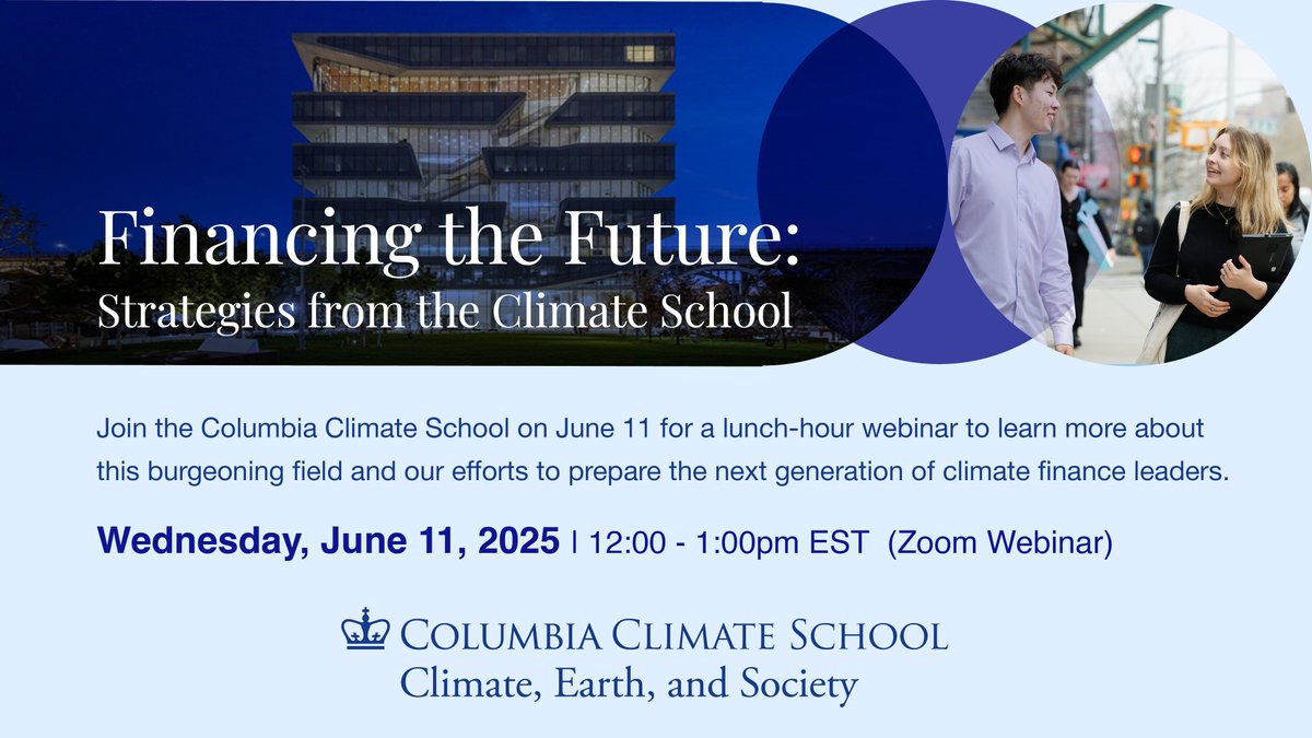 Join us for Jun 11 webinar on integrating climate science into financial decision-making and preparing next-generation leaders with <a href="/CCSI_Columbia/">Columbia Center on Sustainable Investment (CCSI)</a> / MS in Climate Finance director Lisa Sachs, <a href="/Columbia_Biz/">Columbia Business School</a> professor Bruce Usher, dean Alexis Abramson. ➡️ climate.columbia.edu/events/financi…