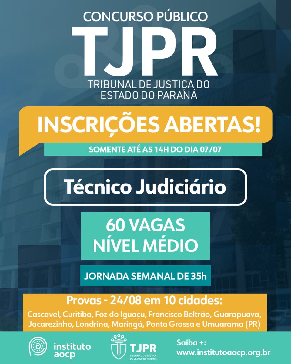 InstitutoAOCP's tweet photo. 📢 Preparados para este concurso?
Estão abertas as inscrições do Concurso Público para Técnico Judiciário do TJPR! São 60 vagas para profissionais de nível Médio e jornada de trabalho de 35h semanais.
✅ Confira os detalhes no Edital e INSCREVA-SE: https://t.co/6JKC5AoS0U!
#tjpr https://t.co/5bkKuPJmEq