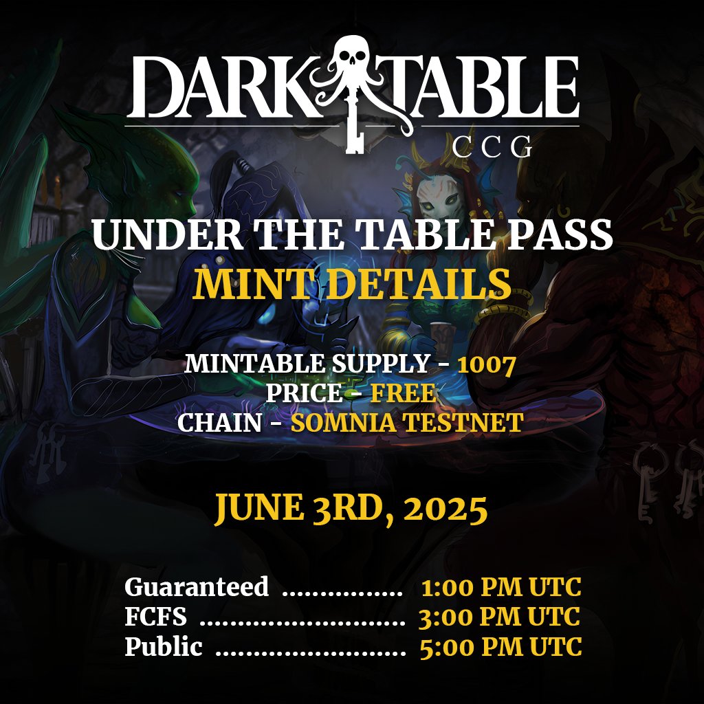 The Under The Table Pass arrives June 3rd 🔱 

The best deals are made under the table, this pass gets you in on all of them.  

→ Guaranteed - 1:00 PM UTC 
→ FCFS - 3:00 PM UTC 
→ Public - 5:00 PM UTC 

1,007 total supply.  

Stay tuned for more.