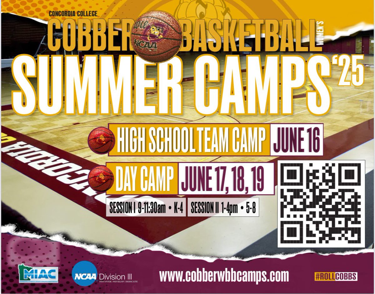🏀 Cobber Basketball &amp; Leadership Day Camp is BACK! 💪
3 days of basketball, leadership &amp; FUN with the Cobber team!
📅 June 17–19
👧 Grades K–4: Morning Session
👧 Grades 5–8: Afternoon Session
📍 Concordia College
Spots filling fast – sign up today! ⬇️