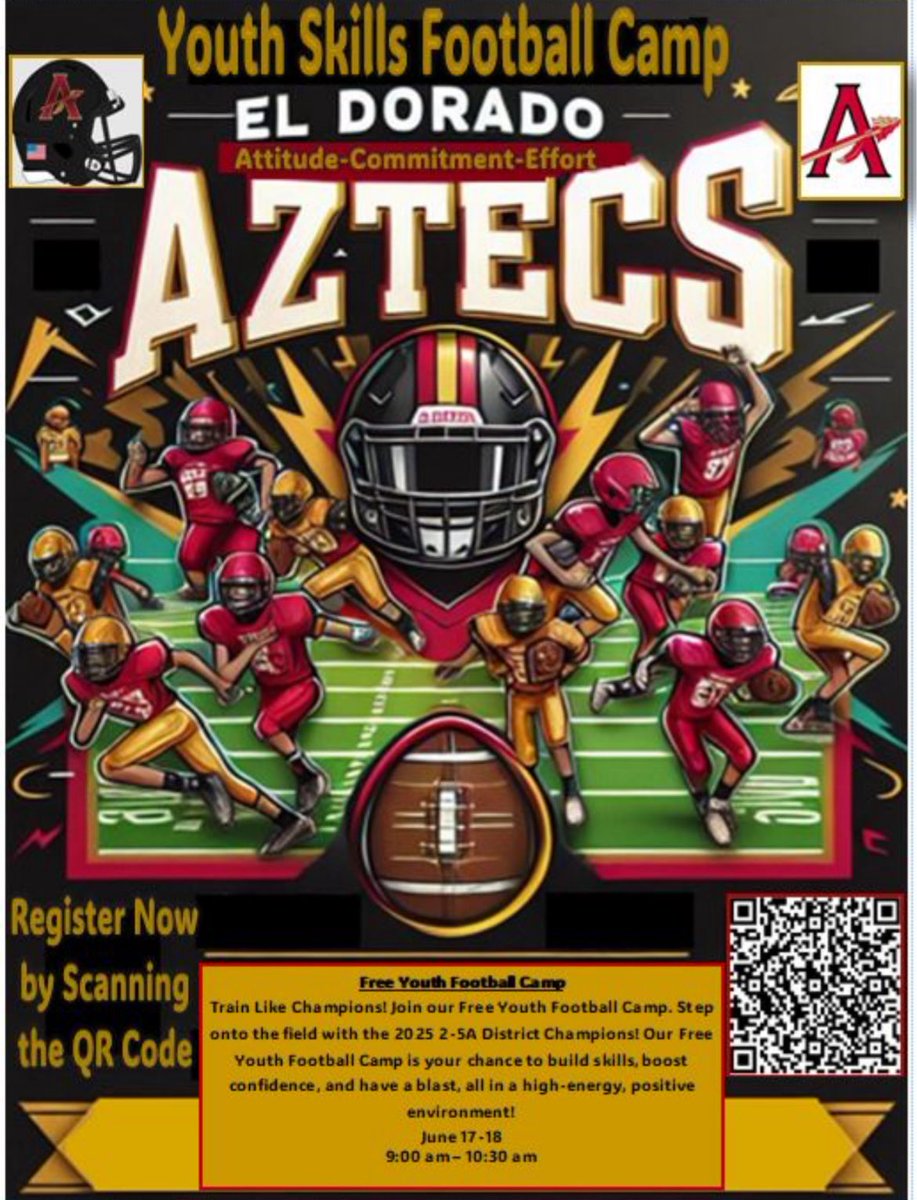 ELDO_FB's tweet photo. Come work with the Reigning 5A D1 District Champions! We will be hosting a Youth Camp June 17-18 as well as an Exclusive Lineman Camp June 24-25! ALL 3rd-9th Graders are Welcome! @HERNANDO_MS @AMS_Athletics @JHambric_K8 @PurpleHeart_ES @Ituarte_ES @CJordan_ES @MSmith_PDNFAA https://t.co/6FazTGxttE