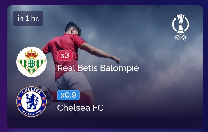 daddy_parole's tweet photo. IT'S MATCH NIGHT! ⚽️ Chelsea takes on Real Betis in a thrilling encounter tonight! 🏟️ Who's your winner? 
Predict the outcome on @maincard_io  and WIN some $MCN! 
 Share your predictions now and join the action! 🔥 #MainCardGame #ChelseaFC #RealBetis https://t.co/RX4SyXPrU2