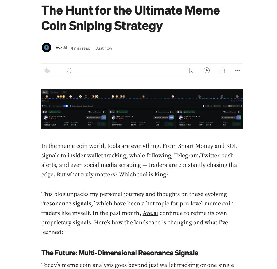🚀💰From Smart Money signals to deep wallet insights, learn how to build your edge in the fast-paced world of meme coin trading. 

Learn practical frameworks for crafting your own data-driven resonance signals.

🔗 Read the full guide: aveai.medium.com/the-hunt-for-t…
💬 Let me know your