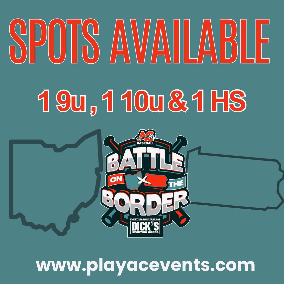 ‼️ 3 TOURNAMENT SPOTS OPEN ‼️

We have 3 last minute spots available for Battle on the Border! 1 9u, 1 10u and 1 high school team spot is open! 

This is a first come basis and you can register below!  

playacevents.com/events/6th-ann…