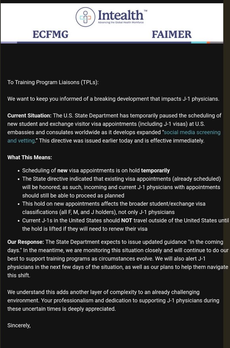 AhmadRehanKhan's tweet photo. 𝗝𝟭 𝗩𝗶𝘀𝗮 𝗔𝗽𝗽𝗼𝗶𝗻𝘁𝗺𝗲𝗻𝘁 𝗣𝗔𝗨𝗦𝗘𝗗:
On May 27, the U.S. Department of State issued an order to temporarily pause all student visa processing to allow for enhanced vetting of applicants’ social media activity. Initially, many—including myself—assumed this would not apply to J-1 physicians, as they are not traditional students. However, an email sent by ECFMG to TPL confirms that this pause does, in fact, include J-1 physicians.

𝗜 𝗰𝗼𝗻𝘁𝗮𝗰𝘁𝗲𝗱 𝘁𝗵𝗲 @ECFMG_J1 𝗩𝗶𝘀𝗮 𝗗𝗲𝘀𝗸 𝗮𝗻𝗱 𝘄𝗮𝘀 𝗶𝗻𝗳𝗼𝗿𝗺𝗲𝗱 𝗯𝘆 𝘁𝗵𝗲 𝗮𝗽𝗽𝗿𝗼𝗽𝗿𝗶𝗮𝘁𝗲 𝗿𝗲𝗽𝗿𝗲𝘀𝗲𝗻𝘁𝗮𝘁𝗶𝘃𝗲 𝘁𝗵𝗮𝘁 𝗮𝗹𝗹 𝗝-𝟭 𝘃𝗶𝘀𝗮 𝗮𝗽𝗽𝗼𝗶𝗻𝘁𝗺𝗲𝗻𝘁𝘀 𝗵𝗮𝘃𝗲 𝗯𝗲𝗲𝗻 𝗽𝗮𝘂𝘀𝗲𝗱 𝗮𝘁 𝘁𝗵𝗶𝘀 𝘁𝗶𝗺𝗲. 𝗧𝗵𝗲𝘆 𝗮𝗿𝗲 𝗮𝗰𝘁𝗶𝘃𝗲𝗹𝘆 𝗮𝗱𝘃𝗼𝗰𝗮𝘁𝗶𝗻𝗴 𝘄𝗶𝘁𝗵 𝘁𝗵𝗲 𝗗𝗲𝗽𝗮𝗿𝘁𝗺𝗲𝗻𝘁 𝗼𝗳 𝗦𝘁𝗮𝘁𝗲, 𝗯𝘂𝘁 𝗻𝗼 𝗮𝗱𝗱𝗶𝘁𝗶𝗼𝗻𝗮𝗹 𝗶𝗻𝗳𝗼𝗿𝗺𝗮𝘁𝗶𝗼𝗻 𝗶𝘀 𝗮𝘃𝗮𝗶𝗹𝗮𝗯𝗹𝗲 𝗮𝘁 𝘁𝗵𝗲 𝗺𝗼𝗺𝗲𝗻𝘁.

This decision has serious implications for the U.S. healthcare system. Approximately 16,000 physicians currently work in the U.S. on J-1 visas. Of the 9,761 international medical graduates (IMGs) expected to begin residency training on July 1, a significant proportion will require J-1 visas. Without their timely arrival, patient care and staffing at numerous hospitals could be severely disrupted.

I strongly urge the @POTUS and @secrubio to review this matter urgently. I also call on @ECFMG_IMG, @AAMCtoday, @AmerMedicalAssn, @TheFSMB @Intealth and all other stakeholders to begin immediate advocacy, as time is running out.

#Match2026 #USMLE #imgs #MedTwitter #MedEd #MedX #J1visa #DonaldTrump #DOS