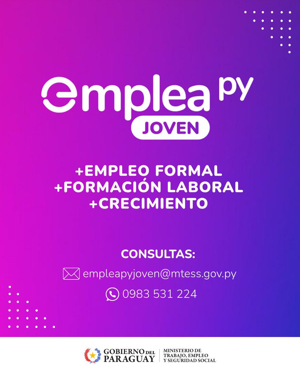 #EmpleaPyJoven 

Si tenés una Mipyme y querés contratar jóvenes, #EmpleaPYJoven es para vos.

✅ Te damos un incentivo económico por cada contratación formal.

✅ Te apoyamos con formación y capacitación para tus nuevos trabajadores.

✅ Sumás valor a tu empresa apostando al