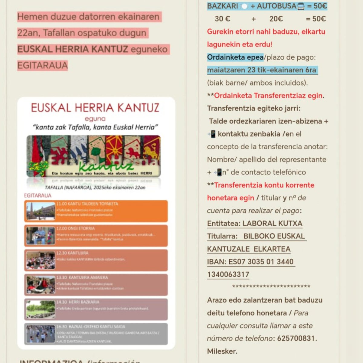 Zatoz Tafallara Bilbo Kantarirekin. Euskal Herriko Kantu taldeak bertan bilduko gara. Ekainaren 22an, Bilbotik autobusa gehi bazkaria, 50 euro. Zatoz!