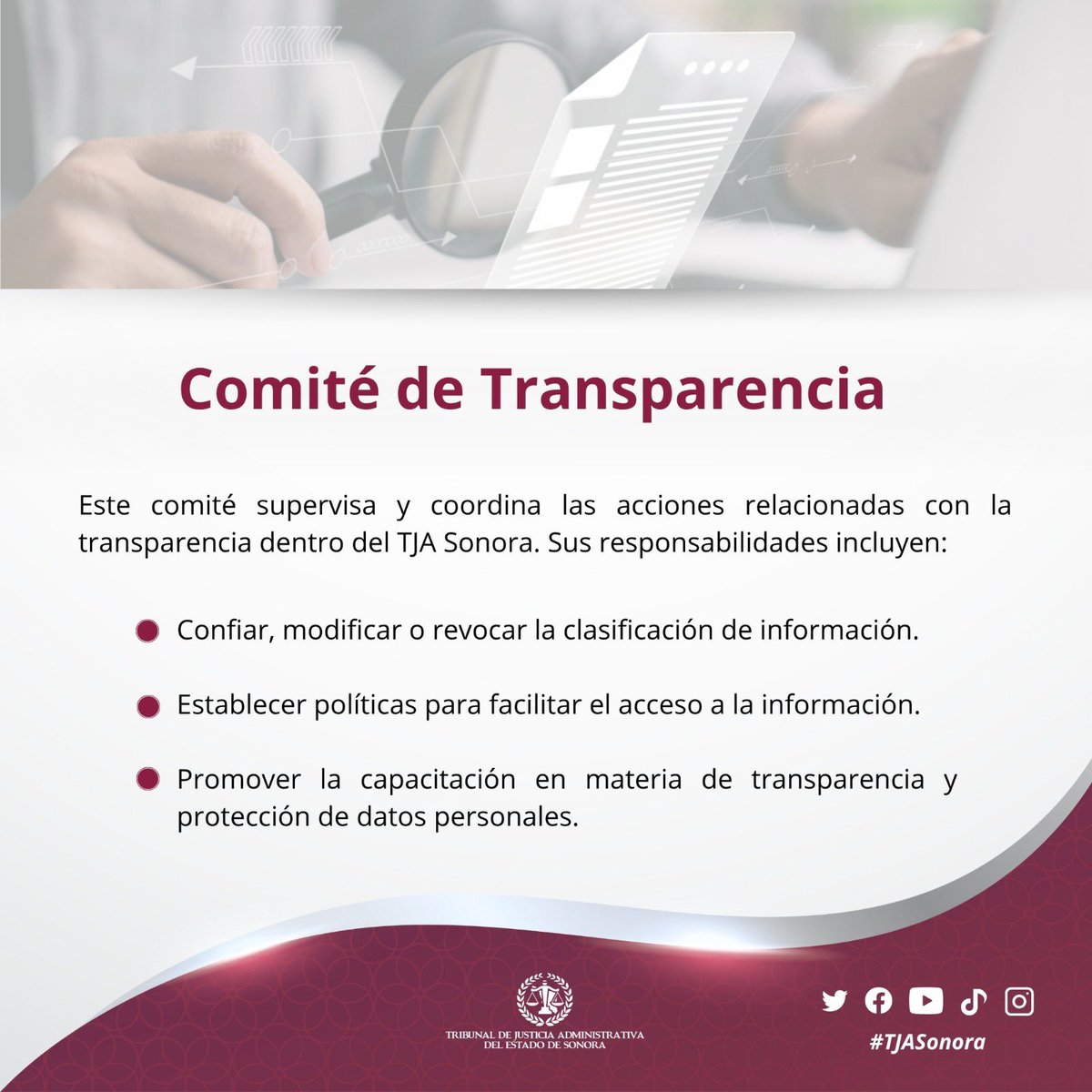 🔍 En el #TJASonora estamos comprometidos con la transparencia y el acceso a la información. Nuestra Unidad de Transparencia atiende solicitudes, asesora a la ciudadanía y garantiza el acceso a la información pública. 
El Comité de Transparencia supervisa las acciones