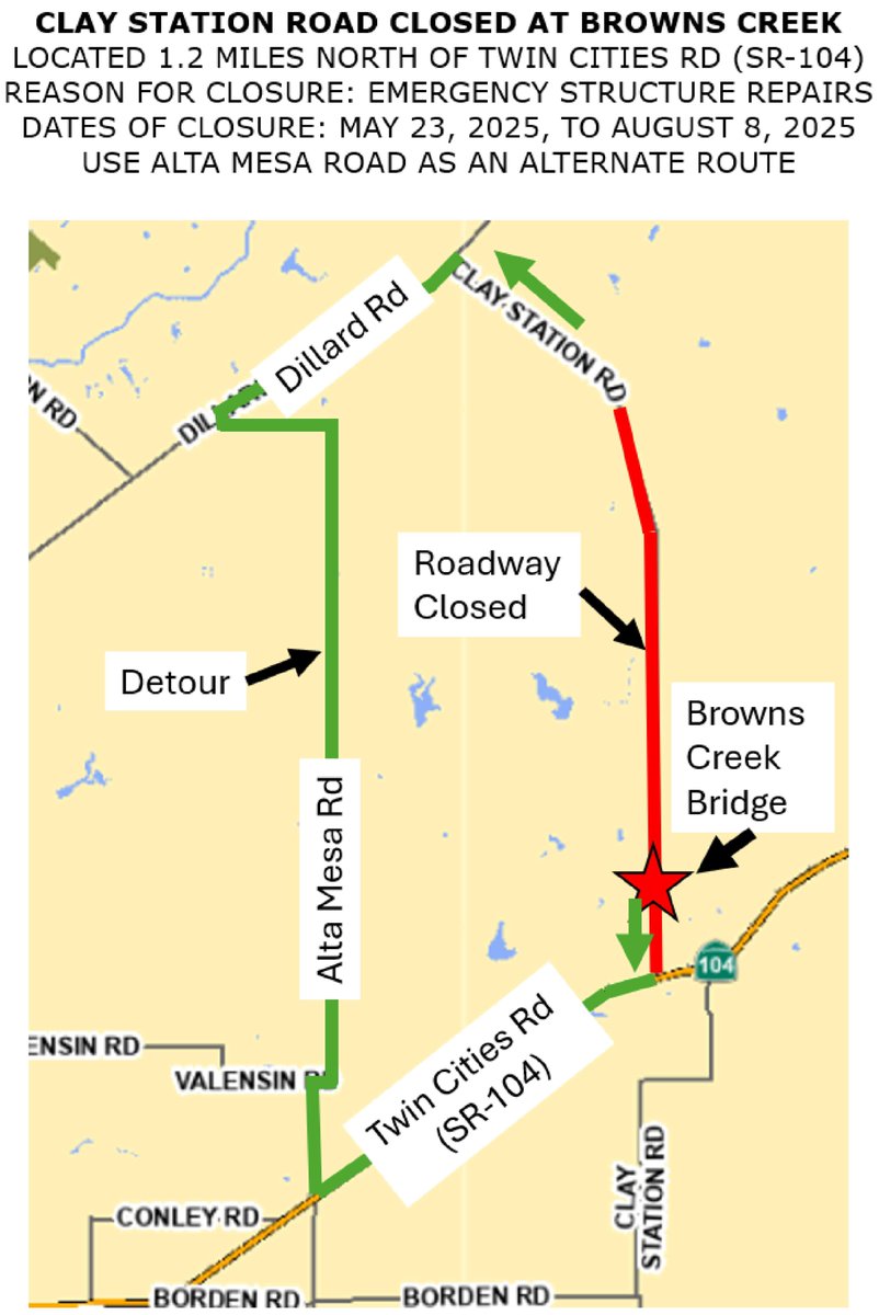 SacCountyDot's tweet image. #Reminder: Clay Station Road is closed to commuter traffic for critical structural repairs to the bridge and to repair the pavement on and around the bridge.  Take the  Alta Mesa Road detour.  Please see the detour map to help plan your route.  #saccounty #bridgework #Sacdot