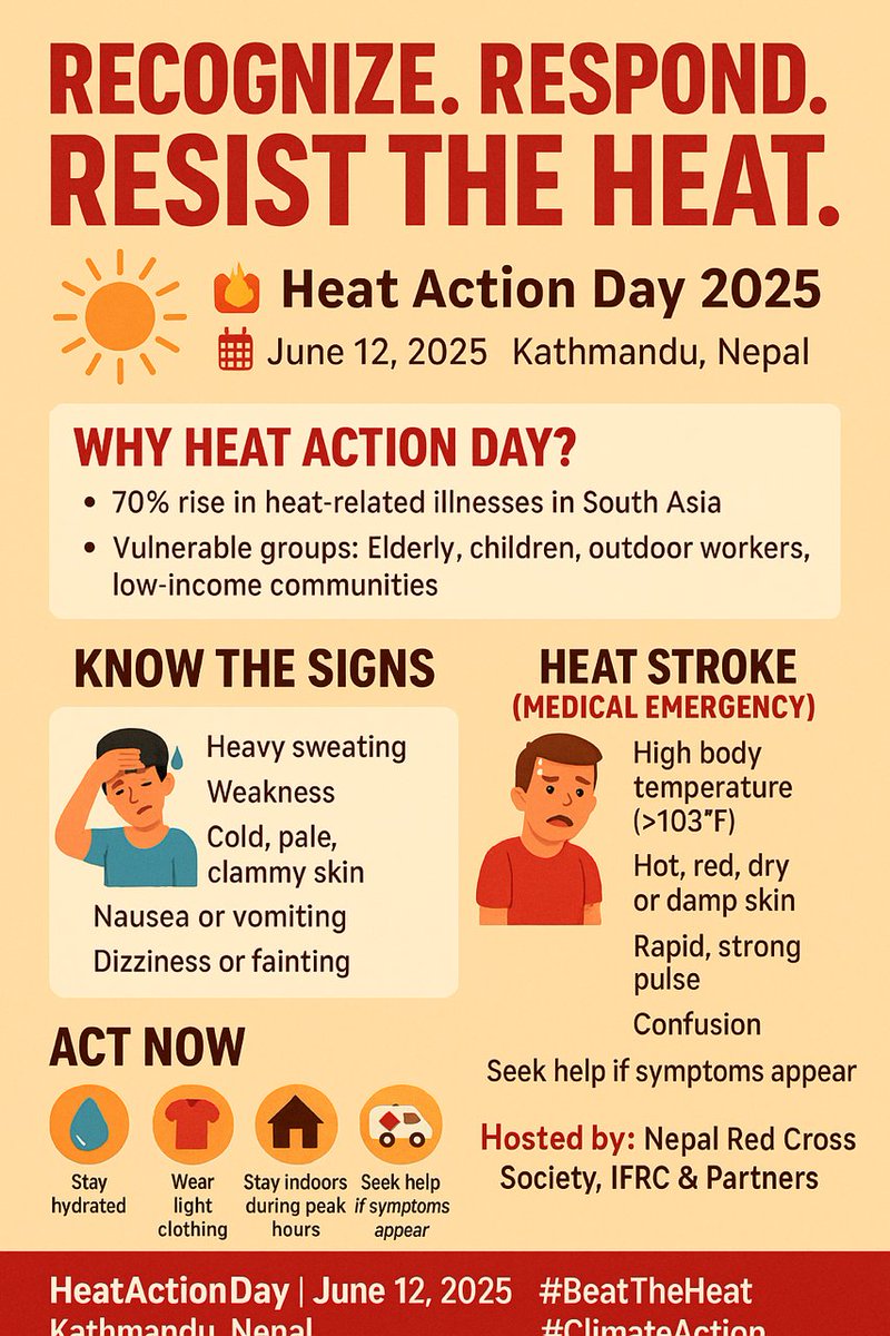 Sagar Shrestha (@redcross_sagar) on Twitter photo š”ļøš„ Heat Action Day 2025 š„š”ļø
š
June 12, 2025
š Kathmandu, Nepal
Extreme heat is a growing threatādeadlier and more frequent each year. But many still donāt recognize the danger signs of heat exhaustion and heat stroke.
šŖ Letās change that.
Join us this #HeatActionDay as š”ļøš„ Heat Action Day 2025 š„š”ļø
š
June 12, 2025
š Kathmandu, Nepal
Extreme heat is a growing threatādeadlier and more frequent each year. But many still donāt recognize the danger signs of heat exhaustion and heat stroke.
šŖ Letās change that.
Join us this #HeatActionDay as